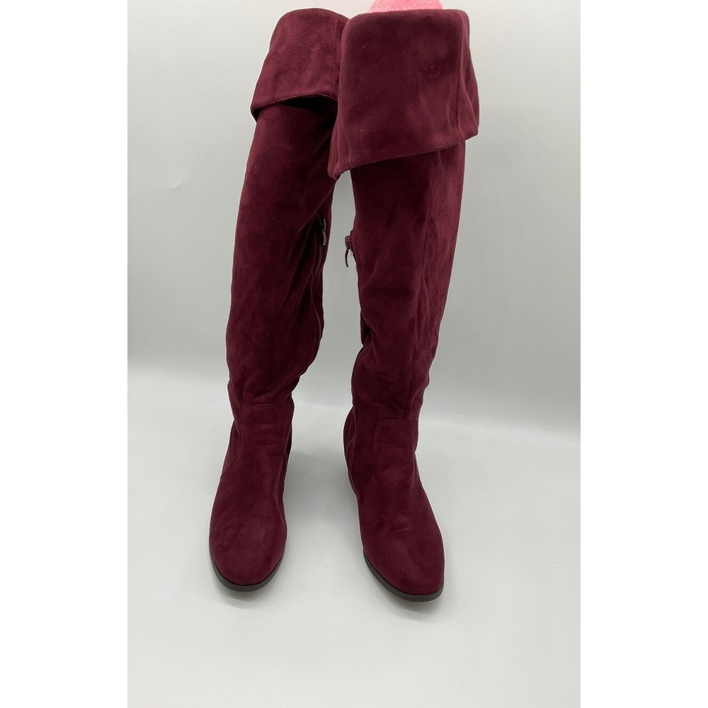 Nature Breeze Tall Boots Womens 8 Burgundy Faux Suede Block Heel Over The Knee